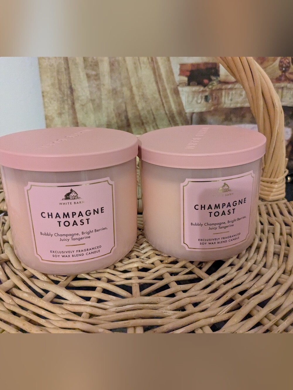 *Never Burned* Two 3-wick White Barn Champagne Toast Pink Scented Jar Candles